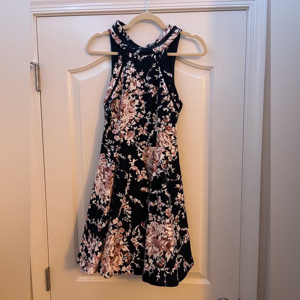 Navy Blue Floral High Neck Dress, Cute Dress, Pretty
